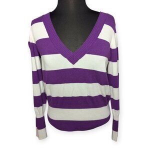 SO Vibrant Purple & White Striped V-Neck Long Sleeve Sweater Juniors Size XL